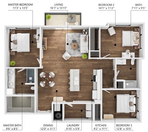 Floor plan for 3 beds, 2 baths, 1383 sqft